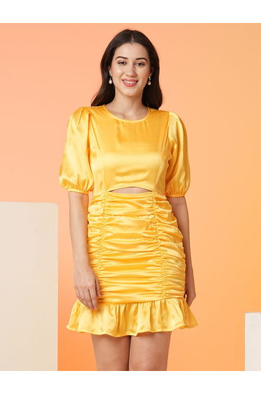 Women Yellow Solid Satin Ruched Sheath Mini Dress with Cut Out