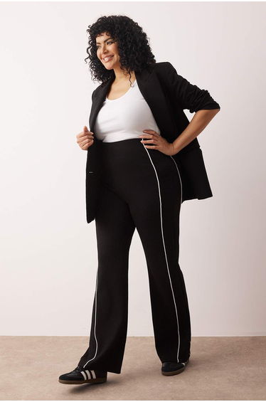 Black Straight Fit White Piping Detailed Knitted Crepe Plus Size Trousers