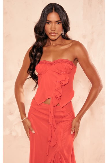 Red Chiffon Lace Trim Bandeau Corset
