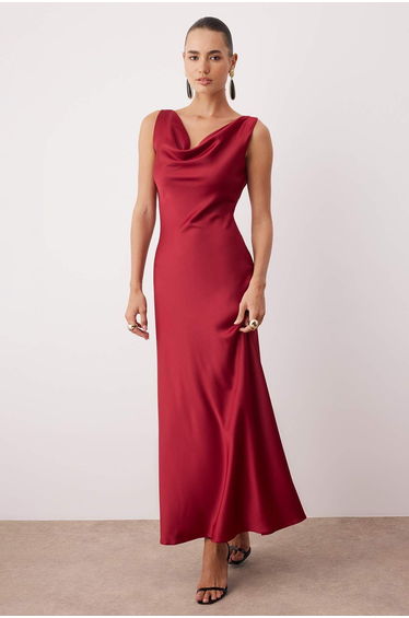 Red A-Line Cowl Neck Satin Maxi Chic Dress