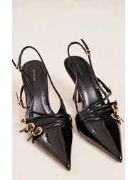 Black Patent Point Toe Multi Buckle Low Heeled Court Shoes - 2