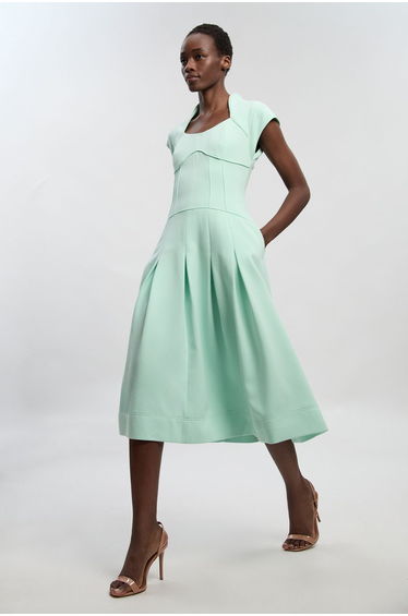 Compact Stretch Dropped Waist Full Skirted Midi Dress