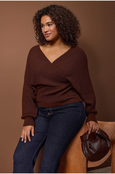 Brown double-breasted closed back tie-up knit sweater