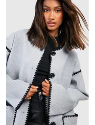 Contrast Blanket Stitch Wool Look Jacket - grey marl - 3