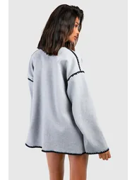 Contrast Blanket Stitch Wool Look Jacket - grey marl - 1