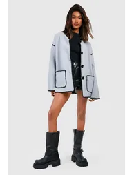 Contrast Blanket Stitch Wool Look Jacket - grey marl - 2