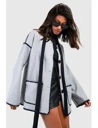 Contrast Blanket Stitch Wool Look Jacket - grey marl