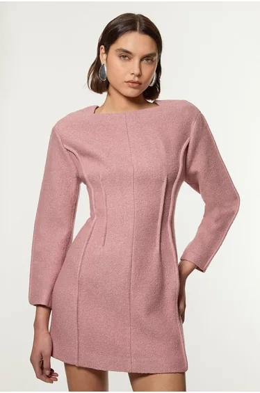 Textured Wool Blend Darted Tailored Mini Dress