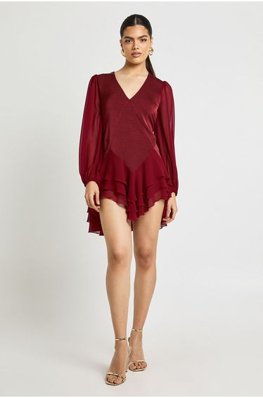 Chiffon Mix Panelled Smock Dress - merlot