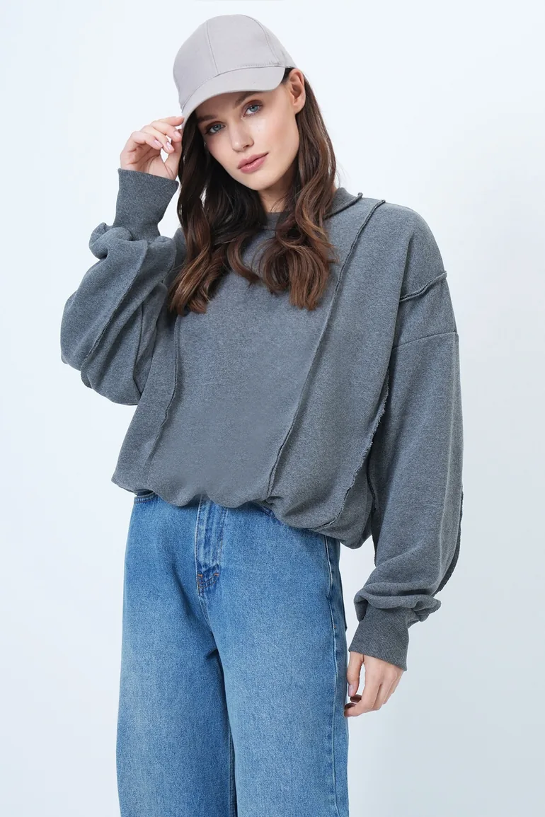Women's Anthracite Stitching Detailed Oversized Design Sweatshirt