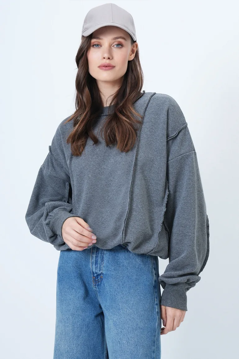 Women's Anthracite Stitching Detailed Oversized Design Sweatshirt - 1