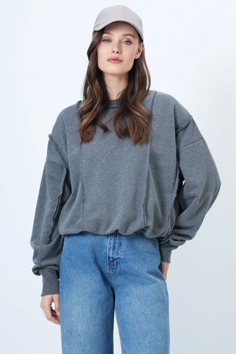Women's Anthracite Stitching Detailed Oversized Design Sweatshirt - 3