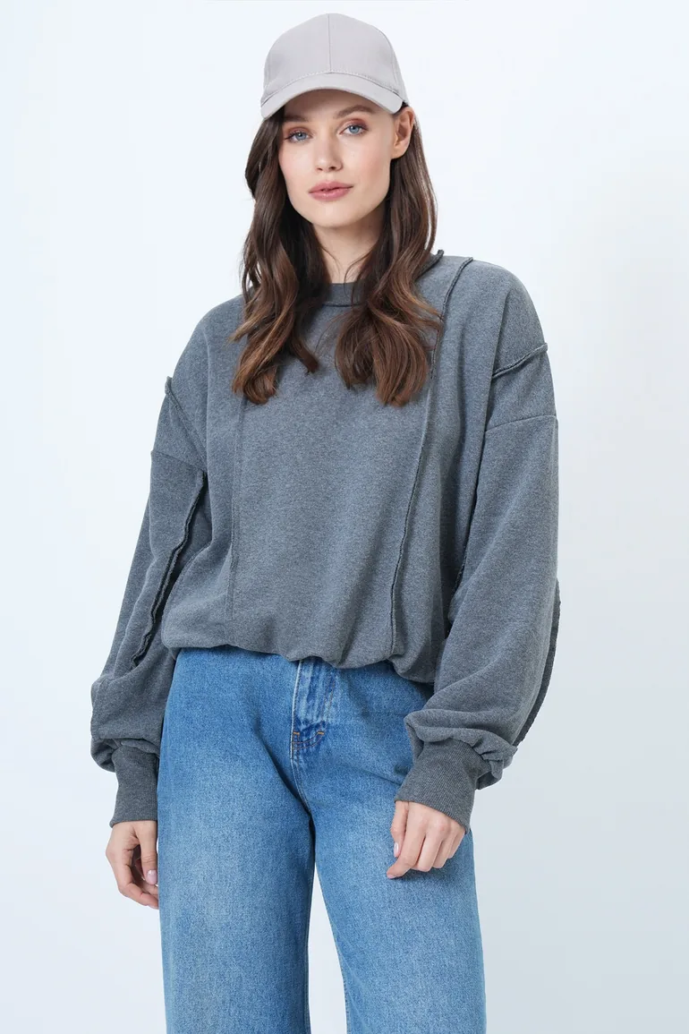 Women's Anthracite Stitching Detailed Oversized Design Sweatshirt - 4