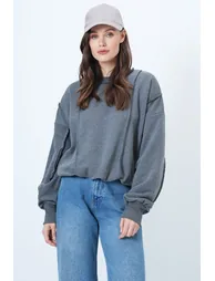 Women's Anthracite Stitching Detailed Oversized Design Sweatshirt - 4