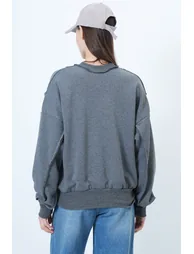 Women's Anthracite Stitching Detailed Oversized Design Sweatshirt - 6