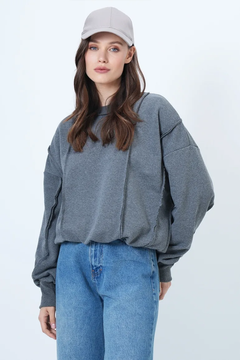 Women's Anthracite Stitching Detailed Oversized Design Sweatshirt - 5