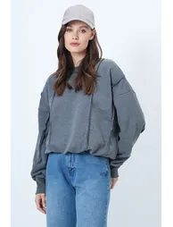 Women's Anthracite Stitching Detailed Oversized Design Sweatshirt - 5