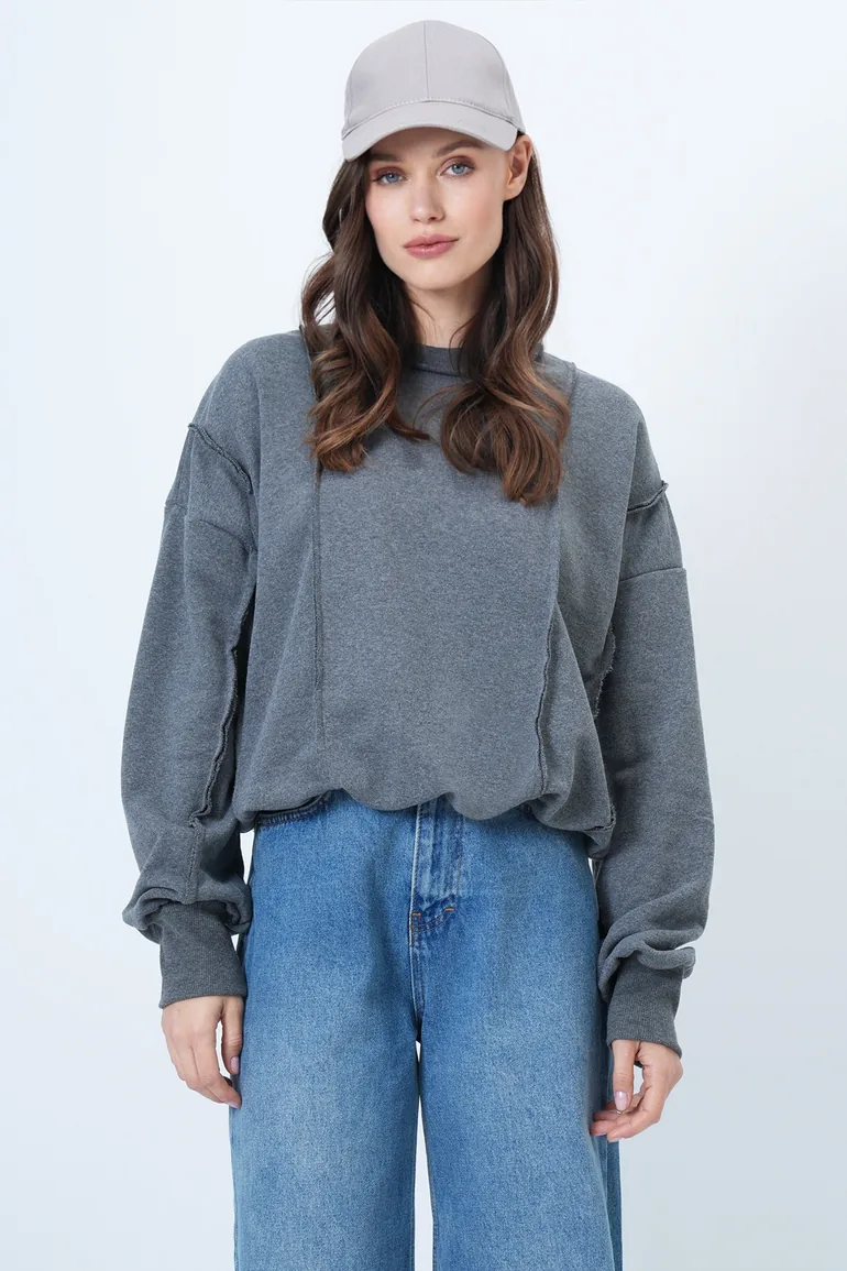 Women's Anthracite Stitching Detailed Oversized Design Sweatshirt - 2