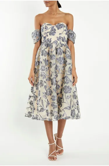 Amelia Blue Embroidery Bardot Skater Dress