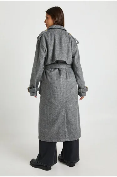 Textured Wool Look Belted Trench Coat - charcoal