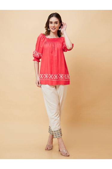 Coral Square Neck Embroidered Fusion Tunic
