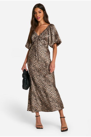 Leopard Puff Sleeve Midaxi Dress - brown