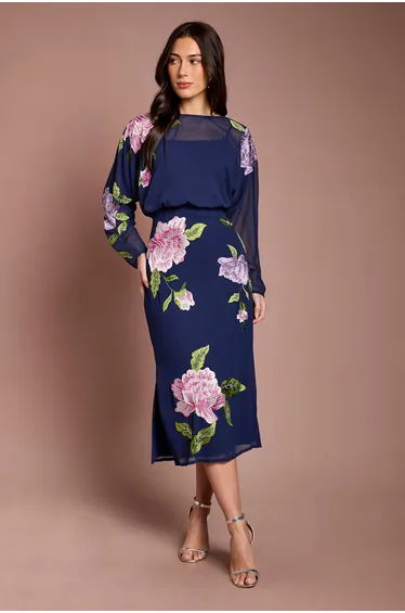 Embroidered Floral Blouson Bodice Pencil Midi Dress