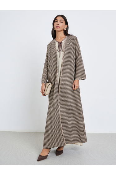 Brown Brushed Houndstooth Front Open Abaya