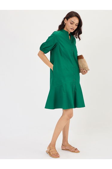 Green Poplin Button Down Knee Length Dress