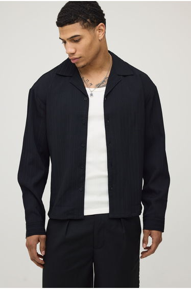 Boxy Crop Fit Long Sleeve Irregular Pleat Overshirt - black
