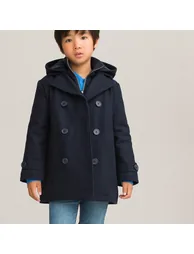 Recycled Hooded Pea Coat in Wool Mix - 1