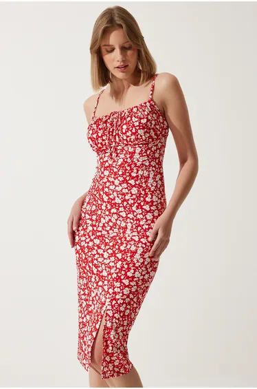 Red Floral Bodycon Midaxi Dress