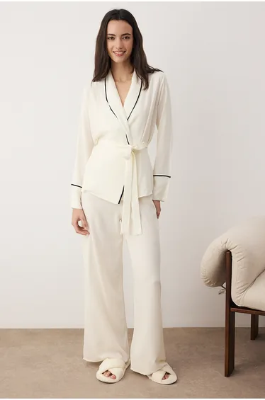 Beige Piping Detailed Double-breasted Viscose Shirt-Pant Woven Pajamas Set