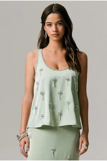 Arianna | Mint Satin Scoop-Neck Embellished Top