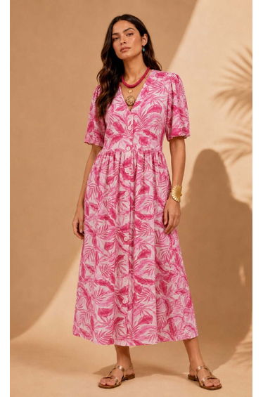 Pink Print Shirt Button-Down Midi Dress