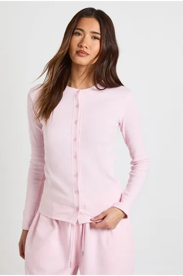 Rib Button Through Long Sleeve Top Tracksuit - light pink