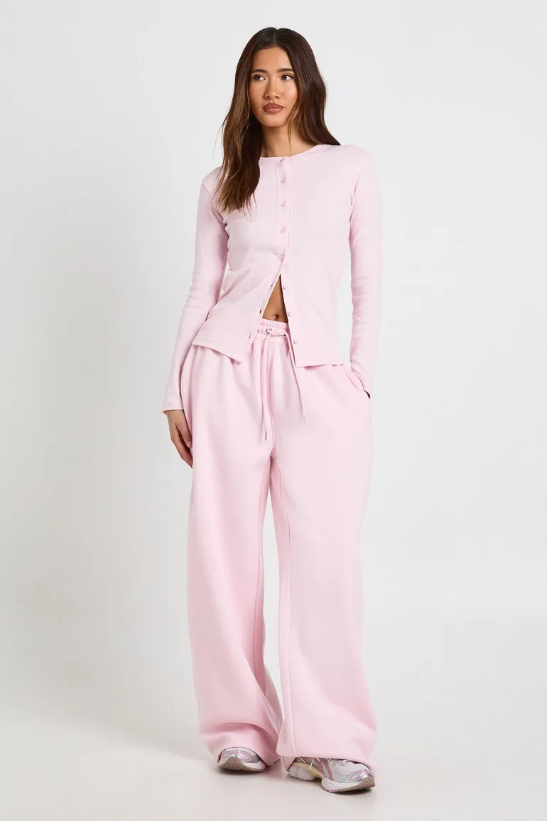 Rib Button Through Long Sleeve Top Tracksuit - light pink