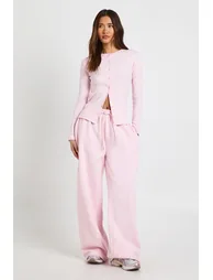 Rib Button Through Long Sleeve Top Tracksuit - light pink