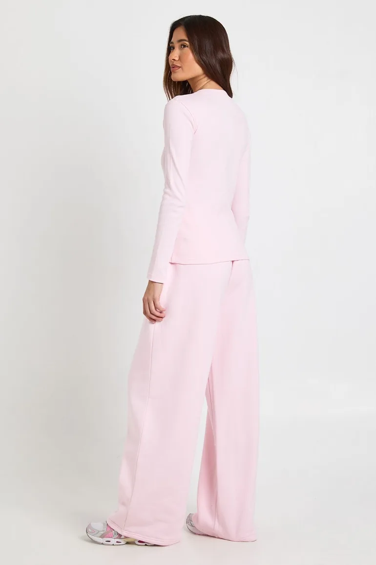 Rib Button Through Long Sleeve Top Tracksuit - light pink - 1