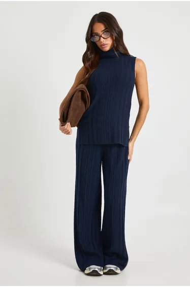 Petite Soft Knit Longline Roll Neck Sleeveless Jumper and Wide Leg Trouser Co-Ord - navy