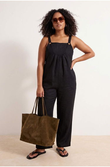 Black Gilet Form Linen Look Wide Leg Woven Jumpsuit