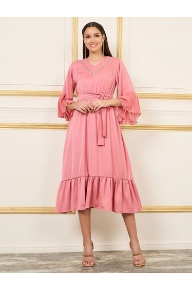 Embroidered 3/4 Sleeves A-Line Midi Dress with Tie Belt