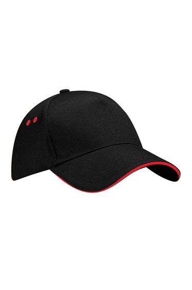 Beechfield Unisex Ultimate 5 Panel Contrast Baseball Cap With Sandwich Peak / Headwear - Black/Classic Red