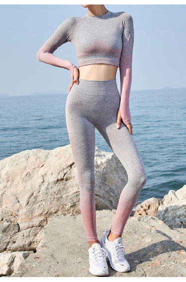 Striped Seamless Crop Top and Ankle-Length Leggings Set in Pink
