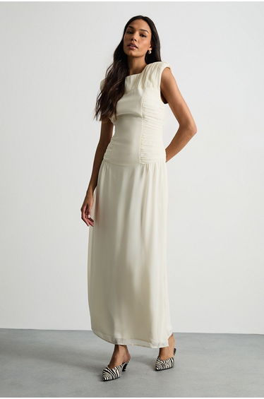 Ruched Waist Sleeveless Shoulder Pad Detail Maxi Dress