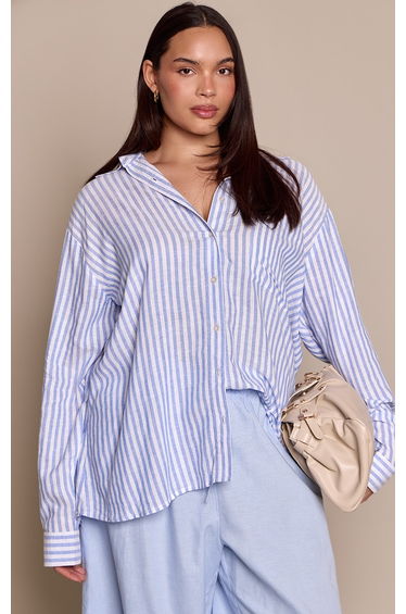Plus Blue Striped Linen Oversized Shirt