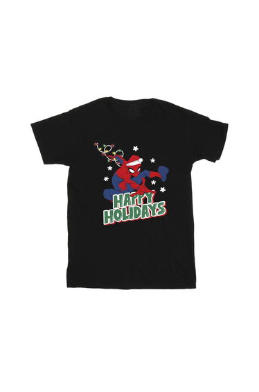 Spider-Man Girls Happy Holidays Cotton T-Shirt - Black