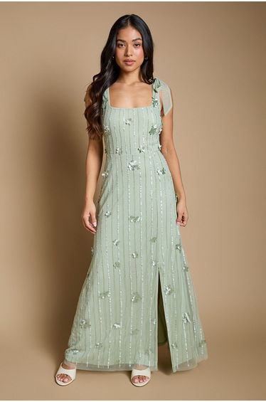 Petite 3D Floral Linear Beadwork Tie Shoulder Dress