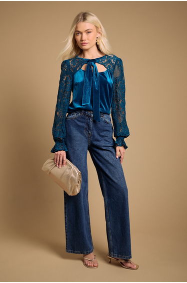 Lace Sleeve Velvet Tie Neck Blouse