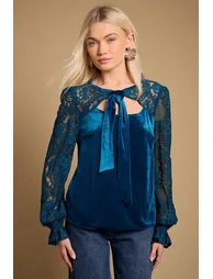 Lace Sleeve Velvet Tie Neck Blouse - 2